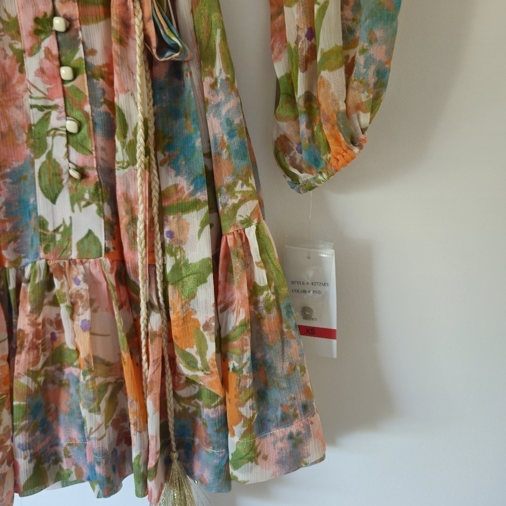 Taylor Pink and Orange Wrap Mini Dress with Bishop Sleeves - Picture 3 of 11